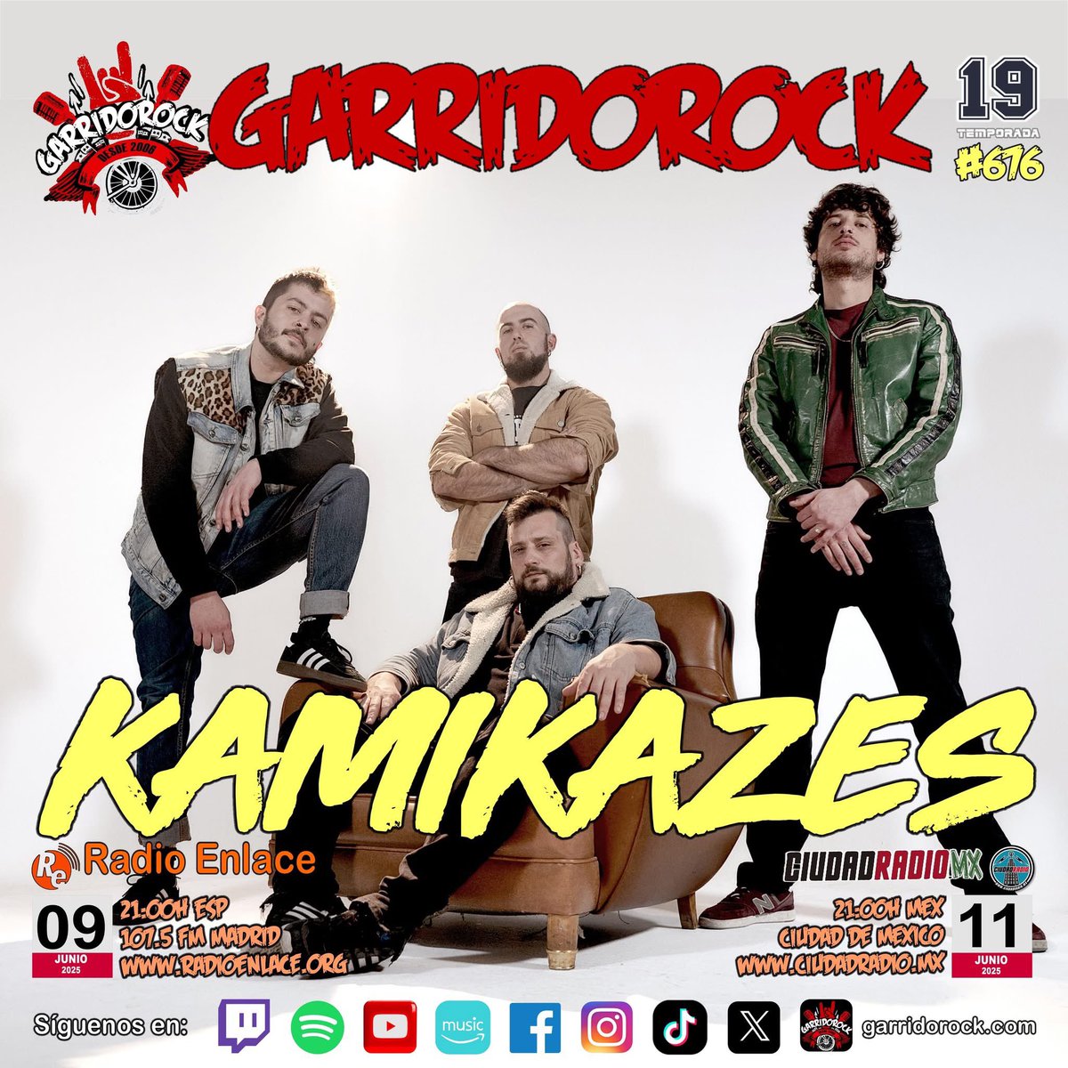 [GARRIDOROCK 676 - KAMIKAZES]

Esta noche programa 676 del GarridoRock con la visita de Kamikazes.

Escúchalo hoy a las 21h en Radio Enlace, con nuestro live de Twitch y Facebook. También se retransmitirá el miércoles 11 de junio a las 21h en México, a través de Ciudad Radio.