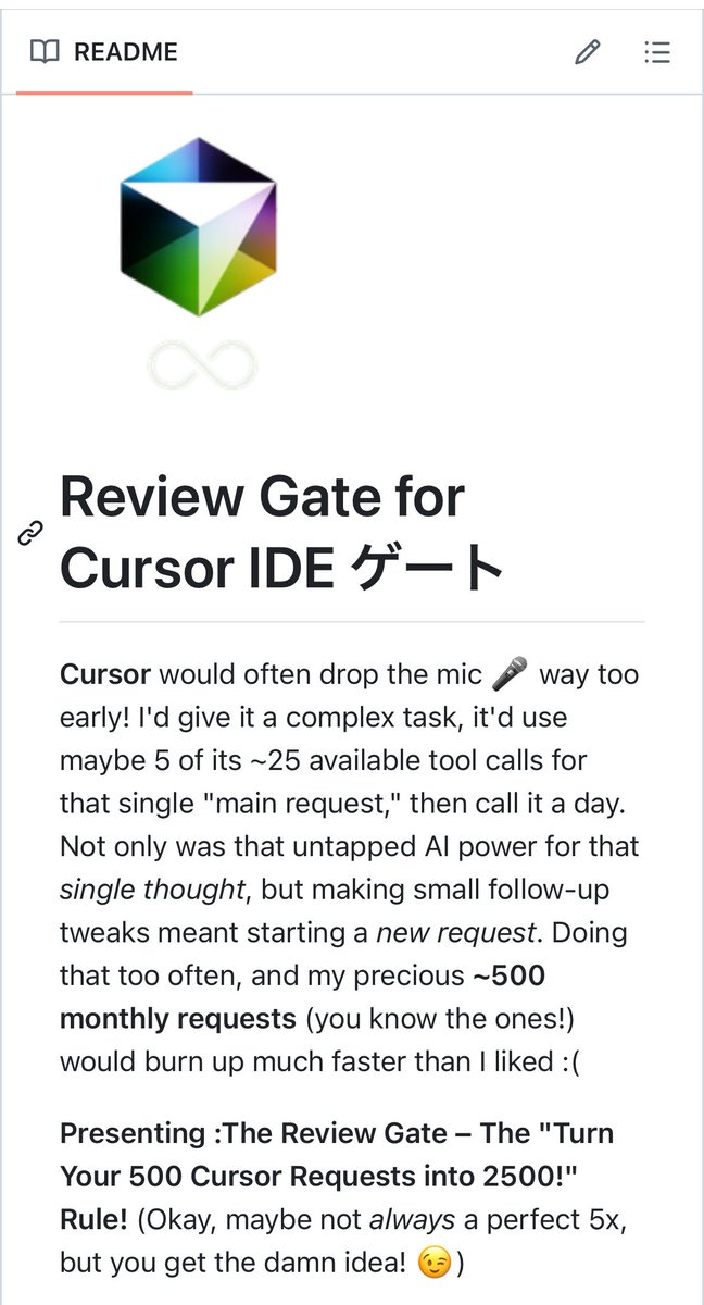This Cursor MCP turns 500 requests in 2500 requests with "one weird trick" to get max value

(link in replies)

- Give Cursor a task, it completes it
- The review gate is called before task ends
- You run more tasks via a popup
- Type TASK_COMPLETE to end the loop

Very clever!