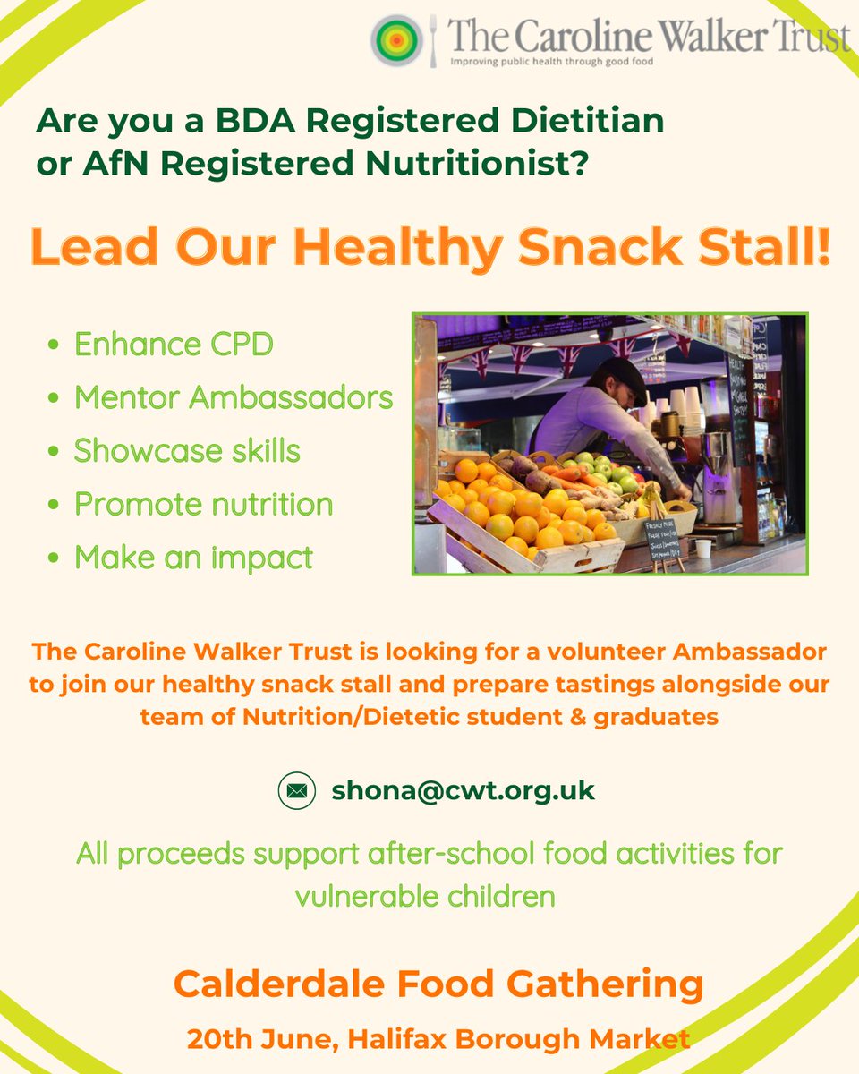📢 Calling all BDA Registered Dietitians and AfN Registered Nutritionists!  

We’re looking for a lead to join our healthy snack stall at Halifax Borough Market.

Please share with anyone who may be interested.   

Must be R.D. or R.Nutr.

@afn_uk @bda_dietitians