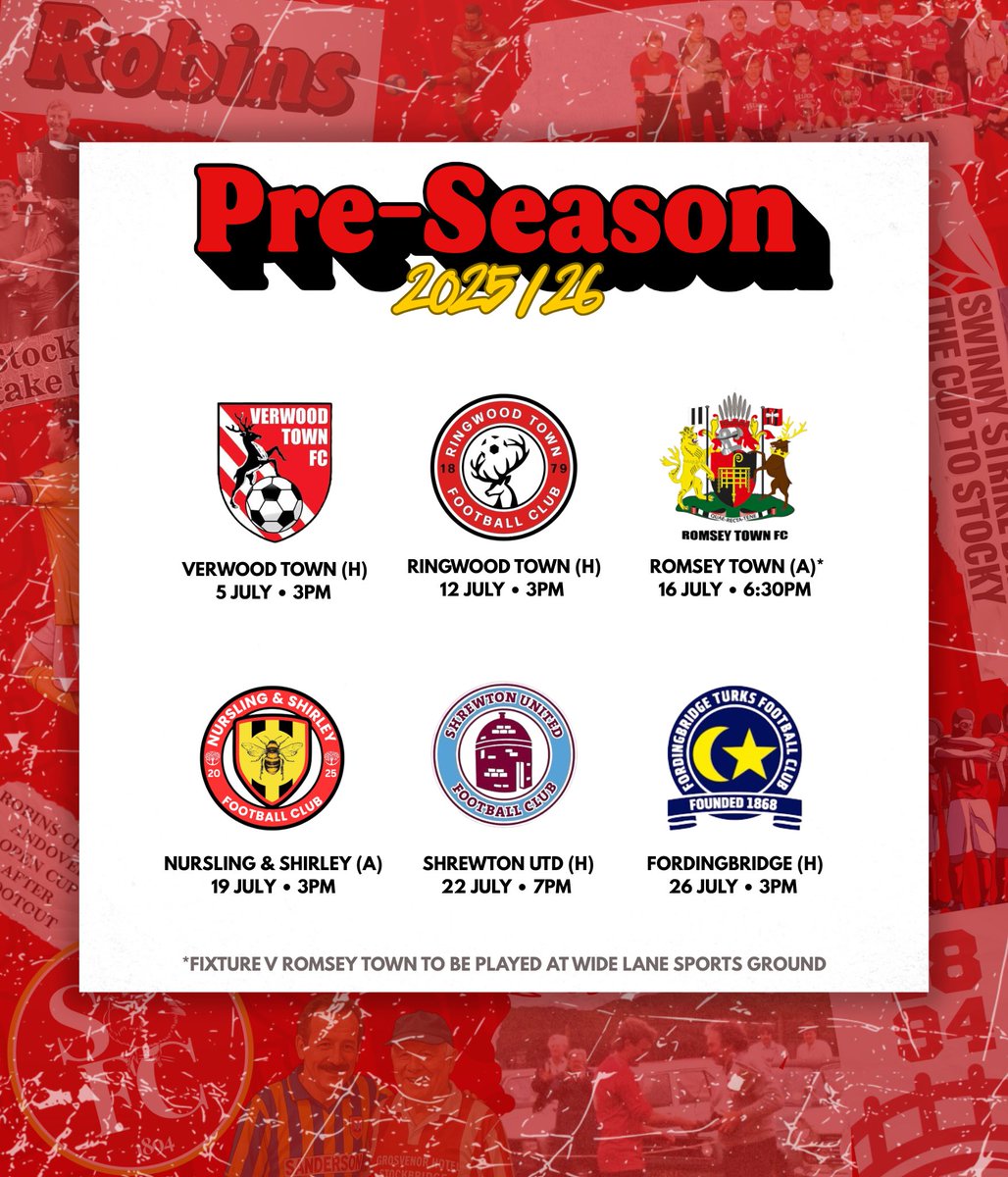 📅 | 𝗣𝗿𝗲-𝘀𝗲𝗮𝘀𝗼𝗻 𝟮𝟬𝟮𝟱/𝟮𝟲 = 𝗟𝗼𝗰𝗸𝗲𝗱 𝗶𝗻

Four home fixtures and two away trips to look forward to this summer, kicking off on July 5th against <a href="/verwoodtownfc/">Verwood Town FC</a>.

#ROBINS 🔴