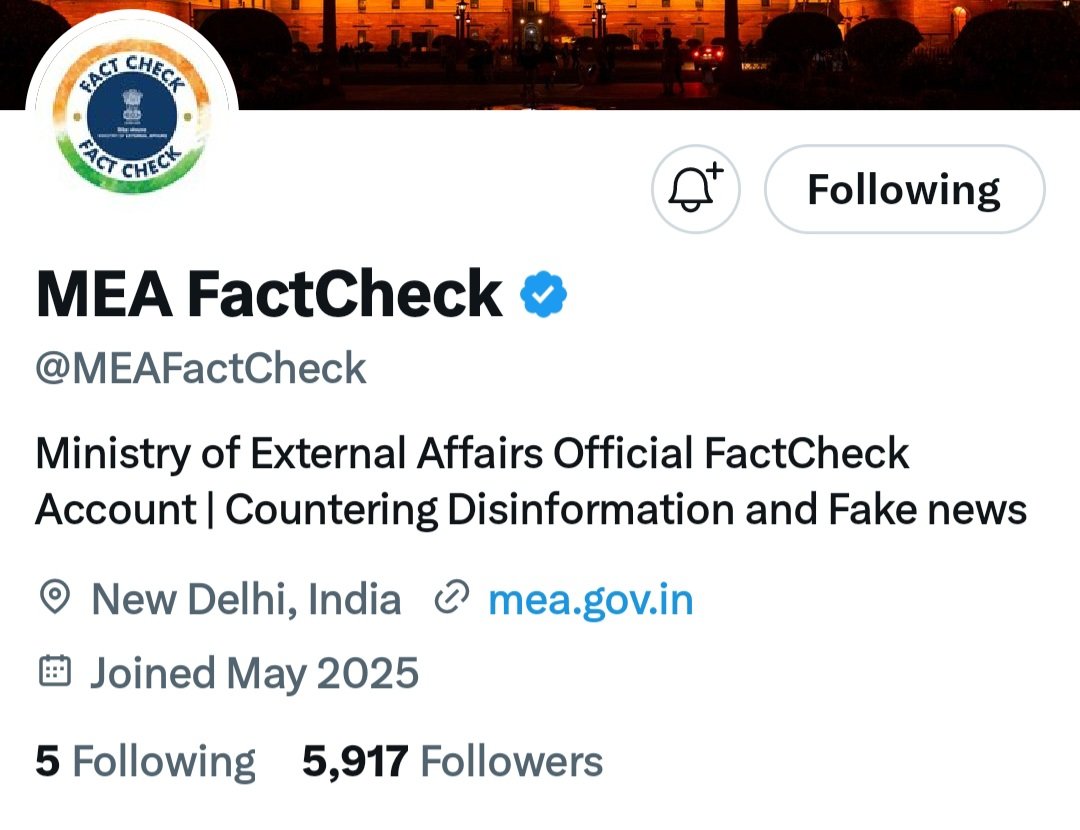 🚨 BREAKING NEWS 

Ministry of External Affairs has LAUNCHED an official Fact-Check handle to TACKLE misinformation and fake narratives.