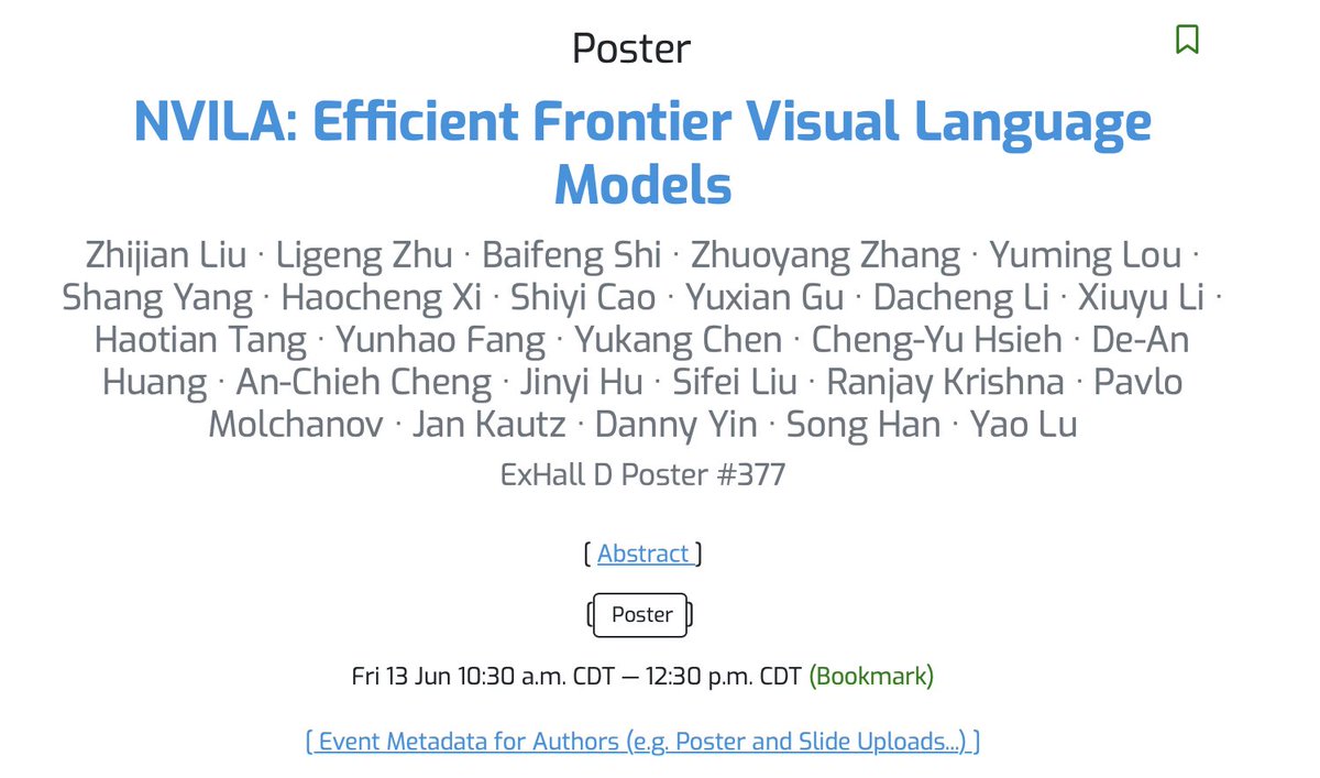 Excited to attend CVPR! I will be at the poster sessions for our two papers: COT-VLA and NVILA. Welcome to chat about Efficient and Unified VLMs and VLAs. See you in Nashville!