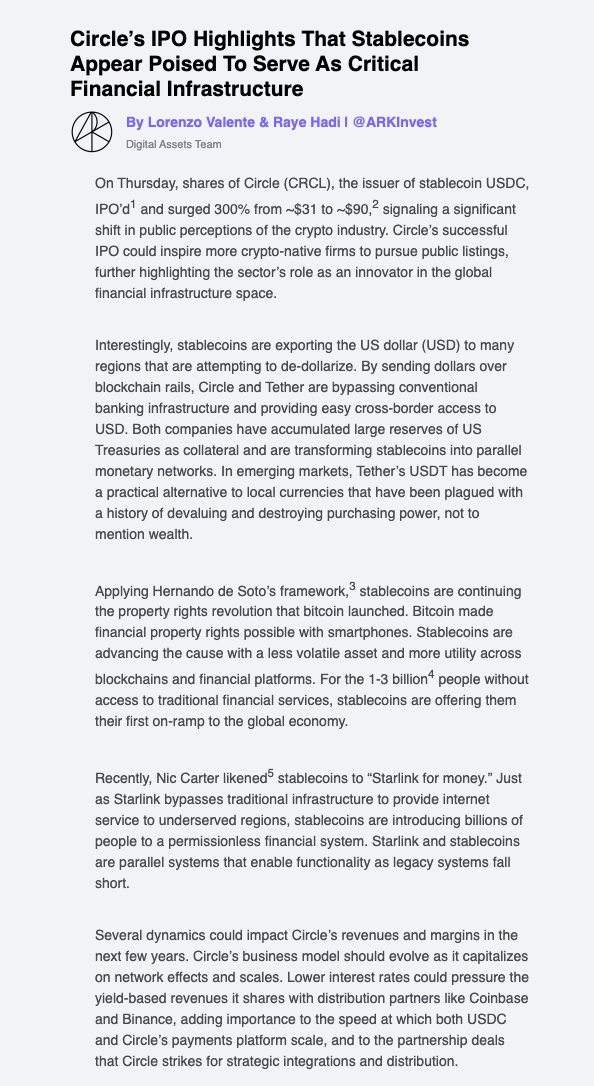 Good commentary from <a href="/ARKInvest/">ARK Invest</a> on $CRCL &amp; stablecoins