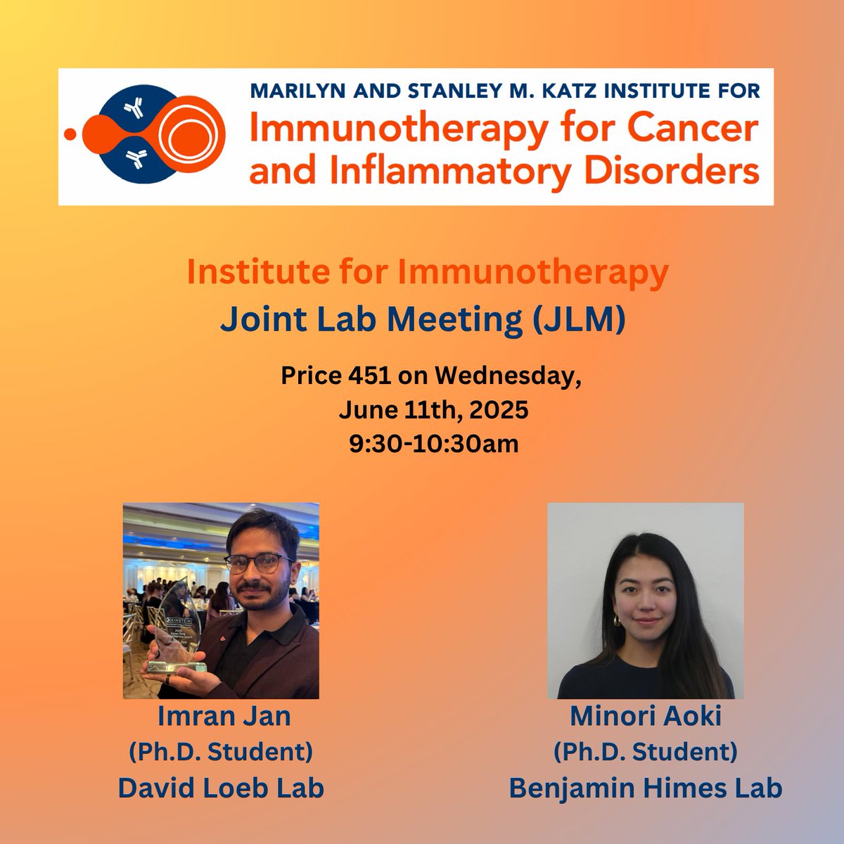 Katz Institute for Immunotherapy (@ifi_einstein) on Twitter photo Next IFI-JLM Scientific Session!!
📅 Date: June 11th
📷 Featured Topics: #Neuroscience #CancerResearch
🎤 Presenters:
🔹 Imran Jan – David Loeb Lab
🔹 Minori Aoki – <a href="/benhimesMD/">Ben Himes, MD, PhD</a> Lab
<a href="/EinsteinPhD/">EinsteinPhD</a>
<a href="/ae_cancercenter/">ME Cancer Center</a>
<a href="/EinsteinMSTP/">EinsteinMSTP</a>
<a href="/EinsteinMed/">Albert Einstein College of Medicine - Official</a>
<a href="/MontefioreNYC/">Montefiore Health System</a> Next IFI-JLM Scientific Session!!
📅 Date: June 11th
📷 Featured Topics: #Neuroscience #CancerResearch
🎤 Presenters:
🔹 Imran Jan – David Loeb Lab
🔹 Minori Aoki – <a href="/benhimesMD/">Ben Himes, MD, PhD</a> Lab
<a href="/EinsteinPhD/">EinsteinPhD</a>
<a href="/ae_cancercenter/">ME Cancer Center</a>
<a href="/EinsteinMSTP/">EinsteinMSTP</a>
<a href="/EinsteinMed/">Albert Einstein College of Medicine - Official</a>
<a href="/MontefioreNYC/">Montefiore Health System</a>