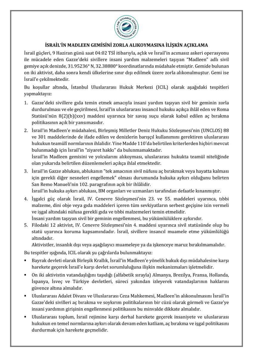 EN/ Our statement on Israel’s forcible interception of the Madleen
TR/ İsrail’in Madleen gemisini zorla alıkoymasına ilişkin açıklamamız