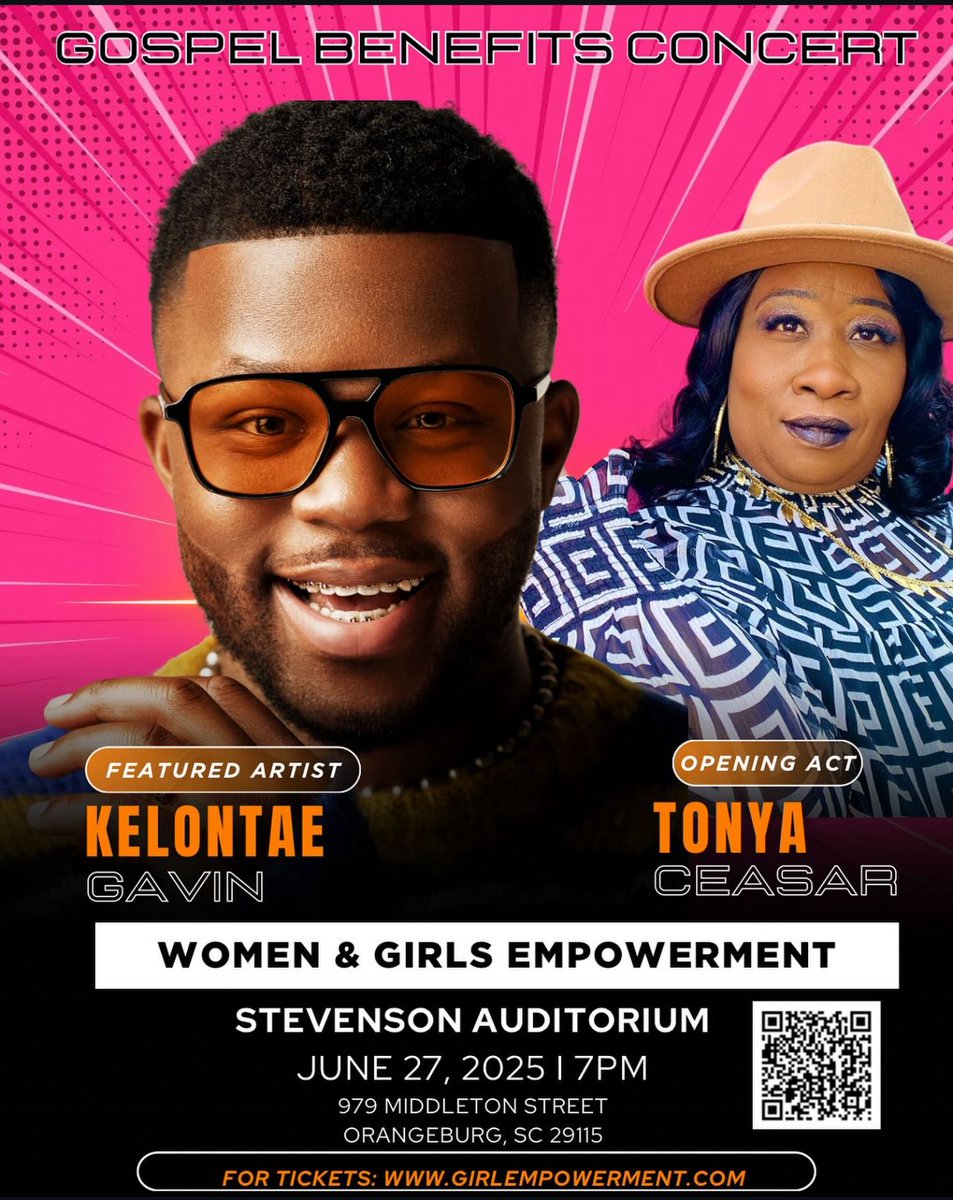 Join me and <a href="/kelontae_g/">Kelontae Gavin</a>  on June 27th at 7pm at 979 Middleton Street, Orangeburg SC( Stevenson Auditorium ) for a Gospel Benefit Concert. Sponsored by The Safe Organization. Here is the link for your ticket

thesafeorganization.com/events/women-g…