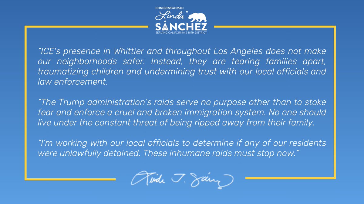 The Trump administration’s ICE raids serve no purpose other than to stoke fear and enforce a cruel and broken immigration system. I’m working with our local officials to determine if any of our district's residents were unlawfully detained. These inhumane raids must stop now.