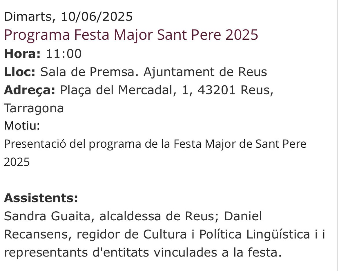 Demà després de l'#HolaSantPere el primer acte de la festa major, es presentarà el programa... sembla broma però no ho és🙃

#Reusencament