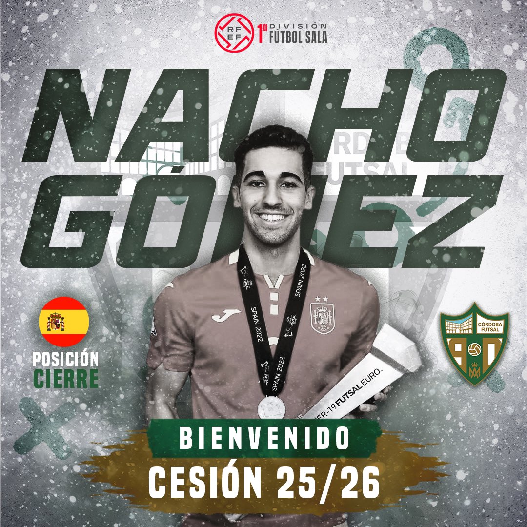 📣 [OFICIAL] <a href="/NachoGmez16/">Nacho Gómez</a>, primera incorporación de la 25-26.

⚽️ El cierre valenciano, cedido por el <a href="/InterMovistar/">Movistar Inter FS</a>, llega procedente del <a href="/WanapixSala10/">Wanapix</a>.

🏆 Campeón de Europa sub-19 con la selección nacional. 

💻 acortar.link/1dmZVT 

#CordobaPatrimonio #PrimeraDivisionFS