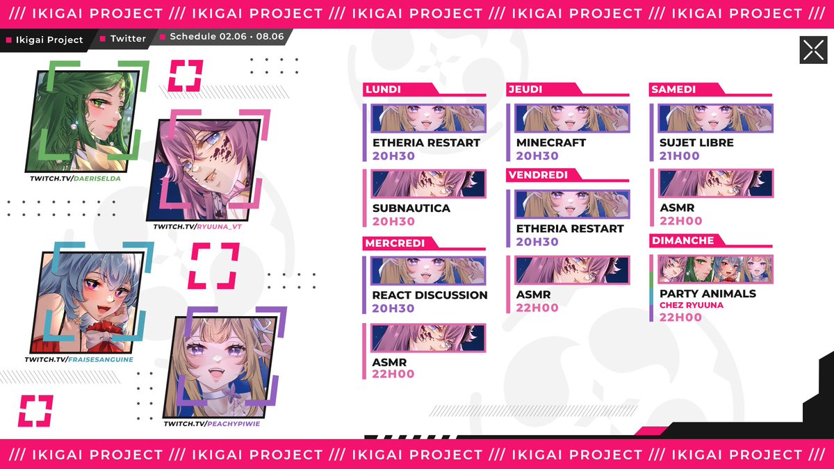 Ikigaiproject_'s tweet image. Cette semaine, vous allez pouvoir profiter à fond de @PeachyPiwie et de @ryuuna_vt qui nous promettent des streams intéressants !
Vous aurez aussi l'occasion de voir nos queens réunies pour la collaboration de Dimanche, sur Party Animals, avec @Daeriselda et @FraiseSang ♥🙏