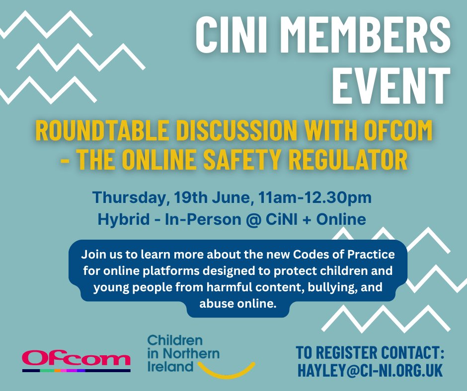 📢📢CINI MEMBERS EVENT!📢📢📢

Roundtable Discussion with <a href="/Ofcom/">Ofcom</a>  - the online safety regulator 💻📱

Thursday, 19th June, 11am-12.30pm
Hybrid, in-person @ CiNI + online

To register contact: hayley@ci-ni.org.uk