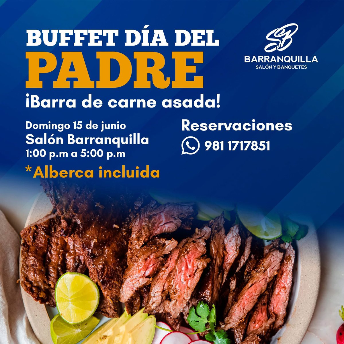 ¡Celebra a papá con nosotros! 🦸‍♂️

Este 15 de junio festejamos a nuestro más grande héroe, papá!

Te esperamos con toda la familia en nuestra comida buffet de 1:00 p.m a 5:00 p.m.

✅ Acceso a la alberca
✅Rifas
✅Entradas
✅Barra buffet de carne asada
✅Postre