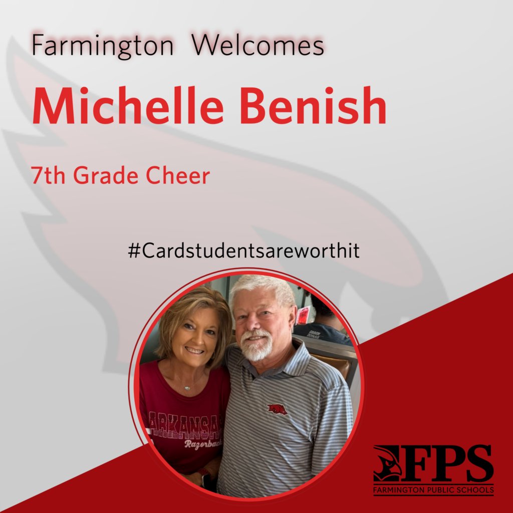 Farmington Public Schools would like to welcome one of our own, Michelle Benish, back to our district! She will be the 7th-grade cheer coach! #ESED