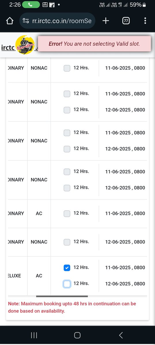subrataroyit's tweet photo. @IRCTCofficial @indianrailway__ PNR No.:6816113065. 
I want to book room no R9 at NJP but its showing me the error 'you are not selecting the valid slot' though provision is of continuous 48 hrs booking.What's going on? Very shameful service.  I already attached the screenshot https://t.co/DTOhuS7NK8