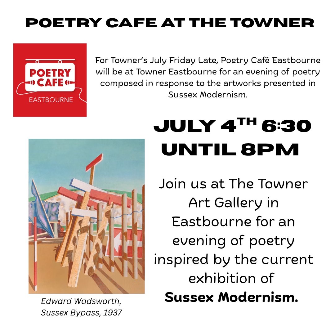 We are delighted to be bringing #poetry to the Sussex Modernism exhibition at Eastbourne's Towner Gallery. 
Pay what you can entry for a cultural blast of sight and sound! Hope to see you there! 

Visit our website for more summer event details.
#community #creativity