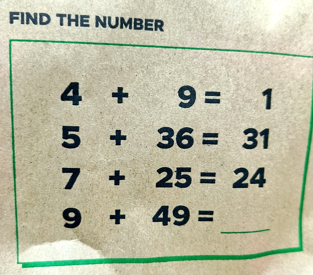 CA_saurav_jain's tweet image. Math experts, what’s going on here?
4 + 9 = 1
5 + 36 = 31
7 + 25 = 24
9 + 49 = ?
Figure out the pattern! 🧐 #MathChallenge