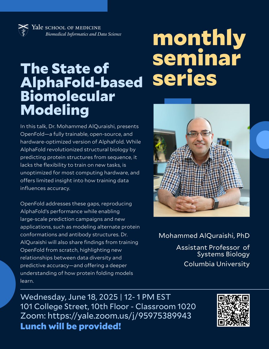 Yale Biomedical Informatics & Data Science (@yalebids) on Twitter photo Join us at BIDS Monthly Seminar with Assist. Professor Muhammed AlQuraishi with <a href="/ColumbiaSysBio/">Columbia Systems Biology</a> as he presents, "The State of AlphaFold-based Biomolecular Modeling." Learn more: medicine.yale.edu/biomedical-inf…
<a href="/YaleMed/">Yale School of Medicine</a> | <a href="/Columbia/">Columbia University</a> Join us at BIDS Monthly Seminar with Assist. Professor Muhammed AlQuraishi with <a href="/ColumbiaSysBio/">Columbia Systems Biology</a> as he presents, "The State of AlphaFold-based Biomolecular Modeling." Learn more: medicine.yale.edu/biomedical-inf…
<a href="/YaleMed/">Yale School of Medicine</a> | <a href="/Columbia/">Columbia University</a>