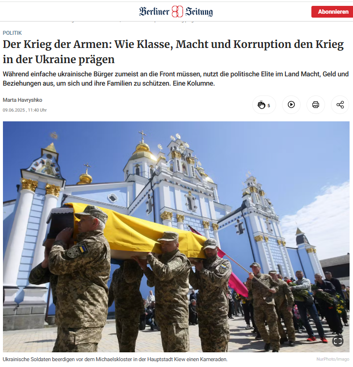 The rich count their money, the poor bury their sons:
What role do class, power and corruption play in Ukraine's war? 
And why do politicians send their sons to the West?

This is the topic of my new column in Berliner Zeitung.