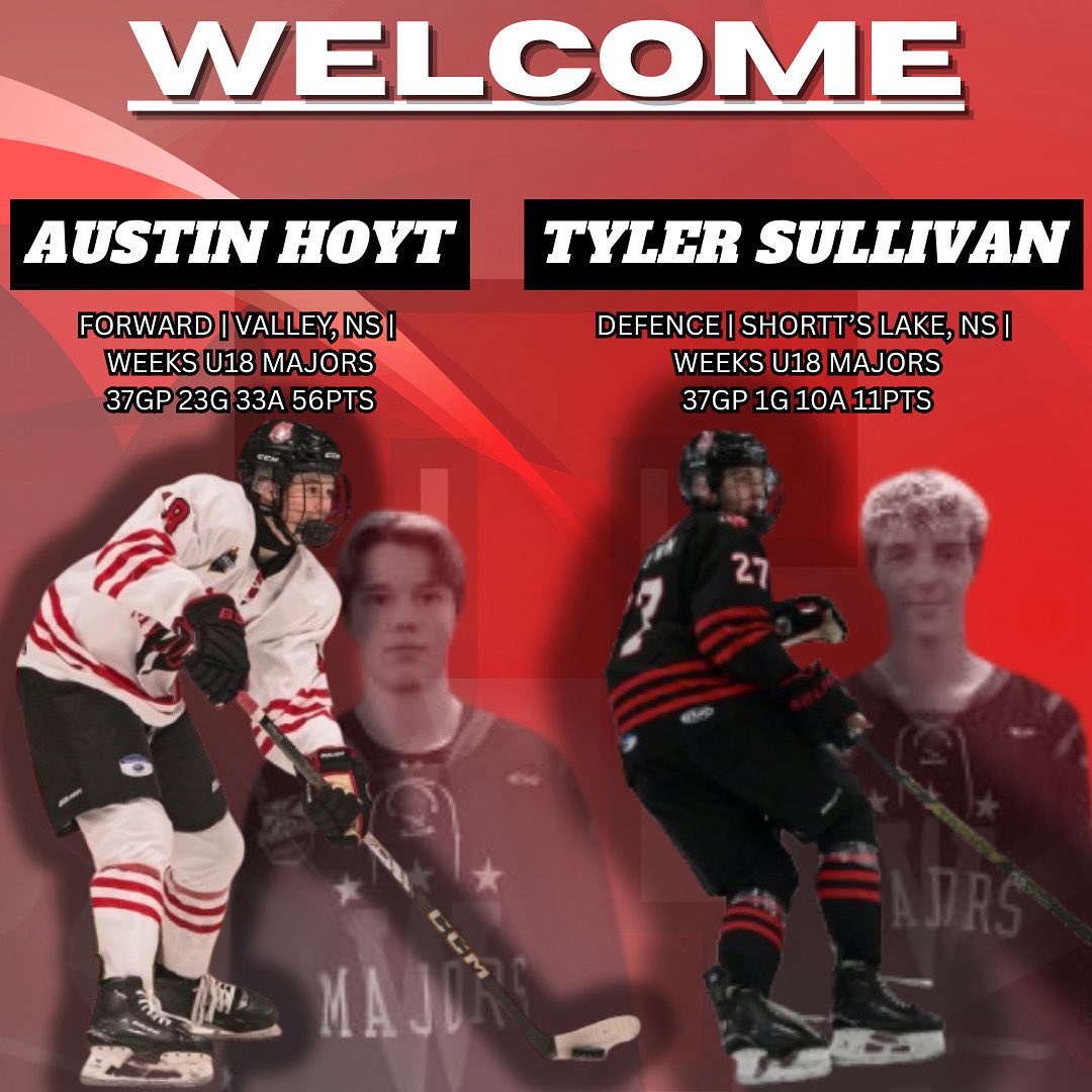 The Truro Bearcats are pleased to announce that we have selected Austin Hoyt and Tyler Sullivan as our territorial selections for the 2025 MHL Draft.

Both were also selected by the Rouyn-Noranda Huskies in this past weekends QMJHL draft.

Welcome home, Austin and Tyler!