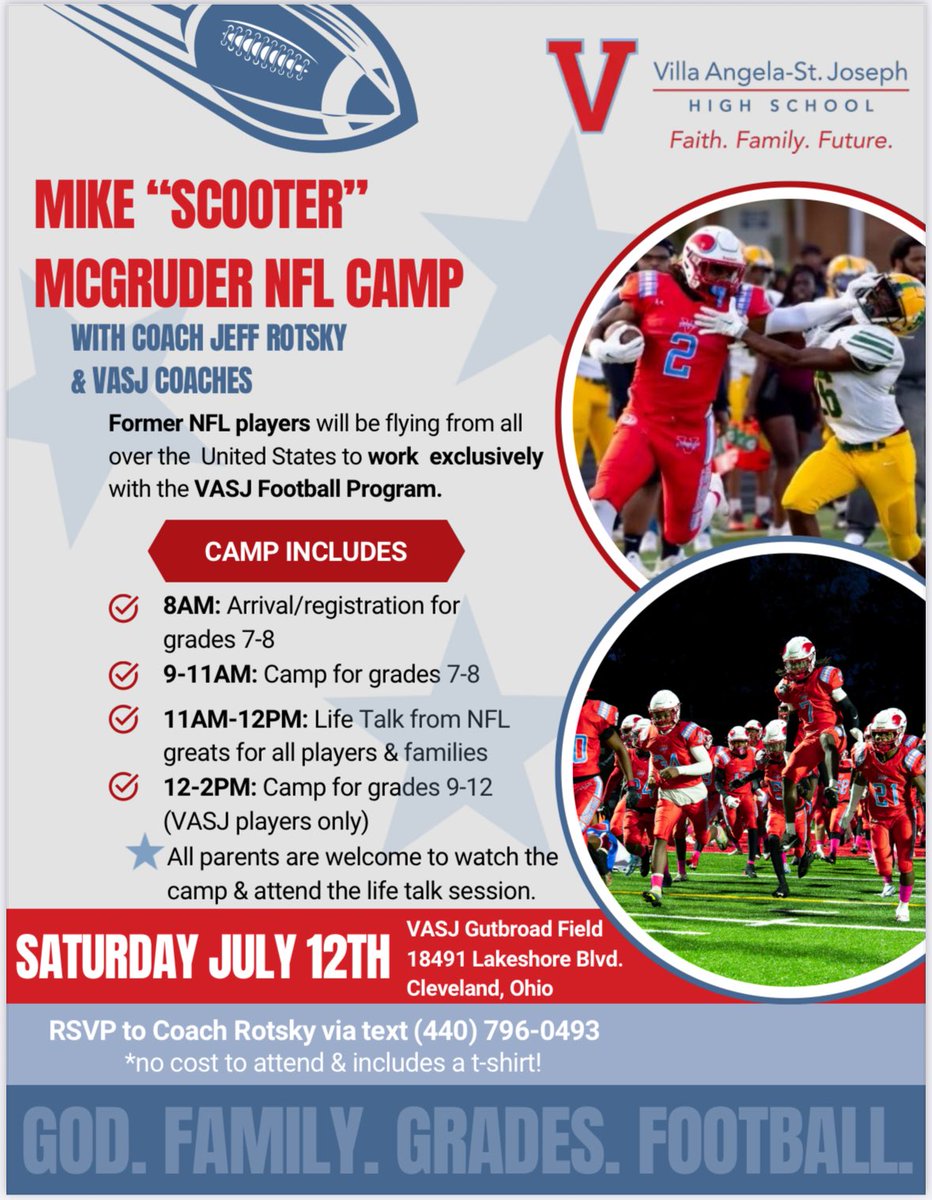 VASJ Vikings Football (@vasjfootball) on Twitter photo VIKING NATION
OUR 1 & ONLY FREE SCOOTER MCGRUDER/VASJ NFL CAMP IS 1 MONTH AWAY! ALL KIDS GOING INTO 7/8TH GRADE ARE INVITED. RESPONSE HAS BEEN GREAT! COME COMPETE AGAINST THE BEST IN NORTHEAST OHIO WITH FORMER NFL GREATS & OUR VASJ STAFF!
RSVP ASAP!
<a href="/VASJHighSchool/">VASJ High School</a> <a href="/clevelandmuny/">Cleveland Muny Footb</a> VIKING NATION
OUR 1 & ONLY FREE SCOOTER MCGRUDER/VASJ NFL CAMP IS 1 MONTH AWAY! ALL KIDS GOING INTO 7/8TH GRADE ARE INVITED. RESPONSE HAS BEEN GREAT! COME COMPETE AGAINST THE BEST IN NORTHEAST OHIO WITH FORMER NFL GREATS & OUR VASJ STAFF!
RSVP ASAP!
<a href="/VASJHighSchool/">VASJ High School</a> <a href="/clevelandmuny/">Cleveland Muny Footb</a>