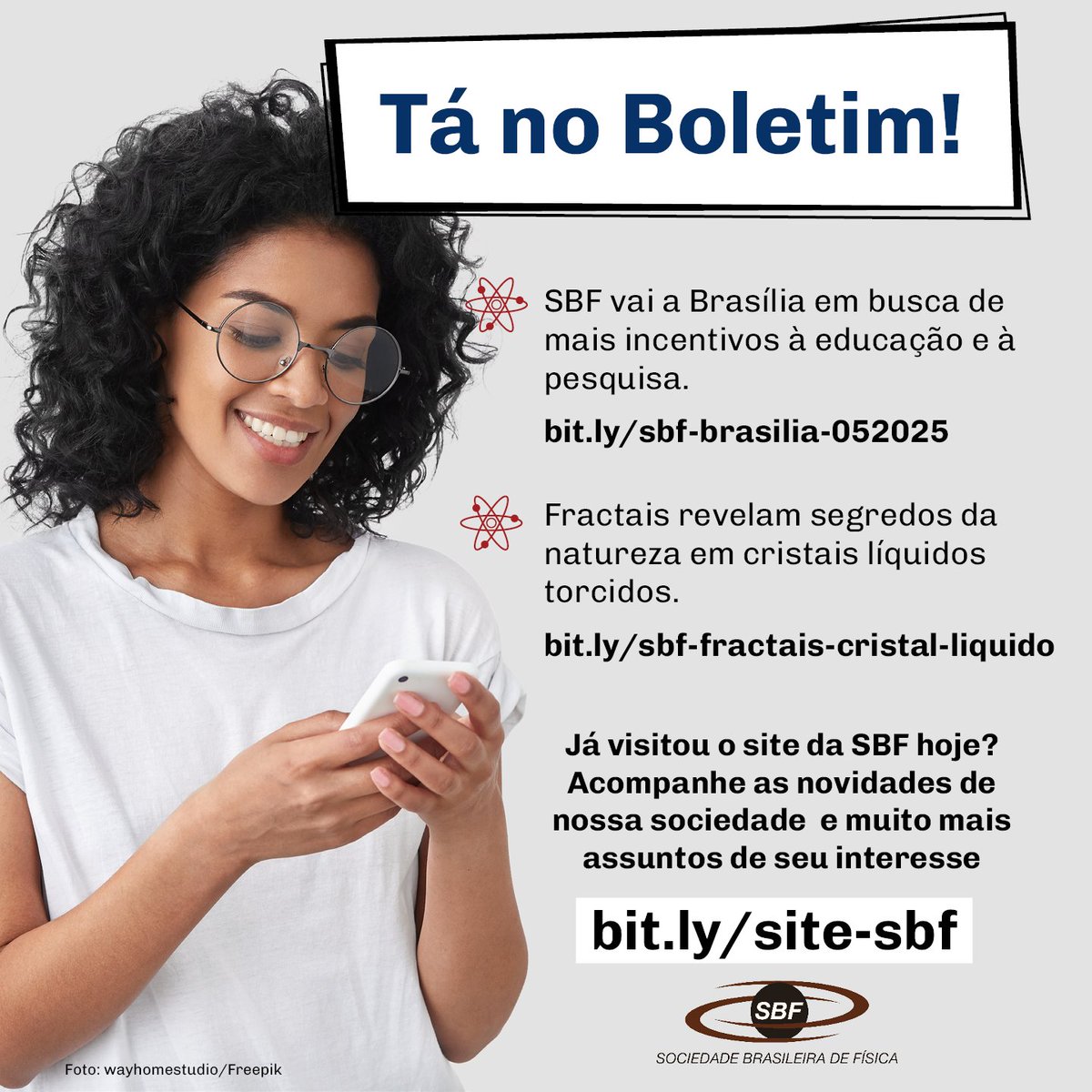 Periodicamente atualizamos nosso site com notícias do interesse de quem tem formação em Física. Novidades de nossa sociedade, divulgação científica, eventos e oportunidades de trabalho e pesquisa. Acesse nosso site e assine nosso boletim semanal.
#sbfísica
