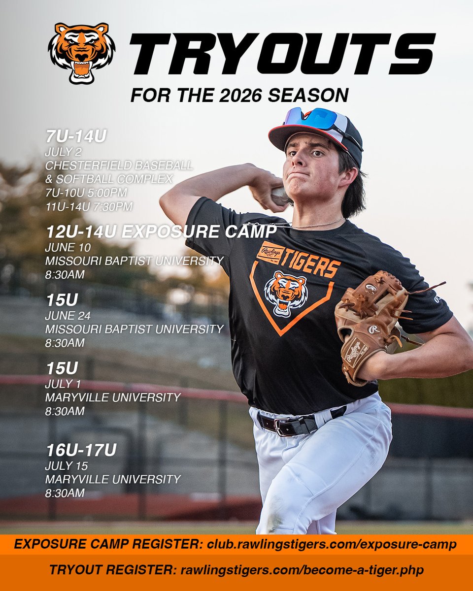 Exposure Camp: 
We teach you how to approach each event in a pro style tryout. Players will receive an evaluation with key points to focus on.

2026 Summer Tryout: 
Showcasing your skills in front of the Tigers coaches to be placed on a team for the 2026 summer season.
