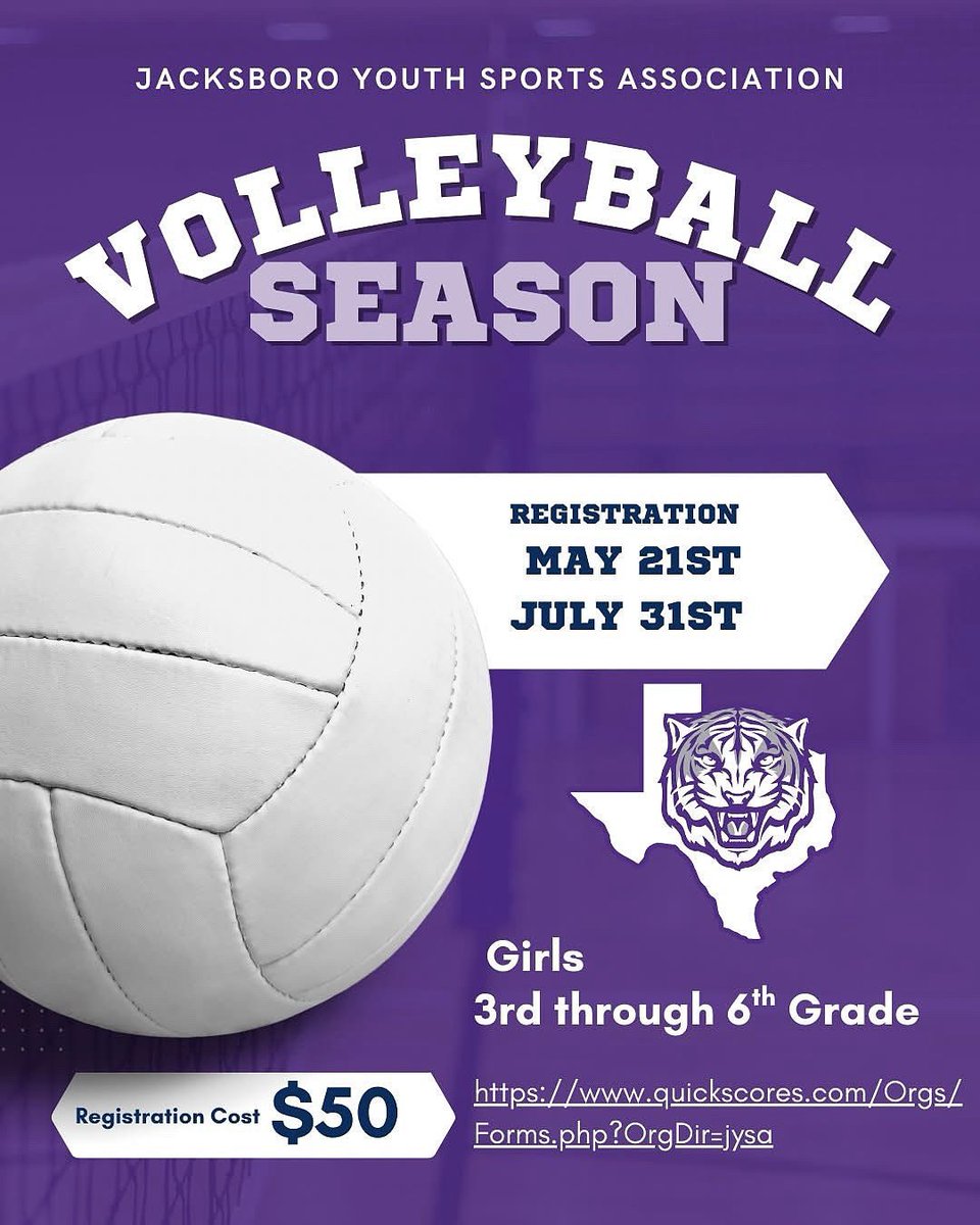 JYSASPORTS's tweet image. 🏐 JYSA Volleyball Registration is OPEN! 🏐
Girls entering 3rd–6th grade can join the fun for just $50!
📅 Now–July 31
➡️ Sign up: bit.ly/JYSAVolleyball…
Don’t wait — spots fill fast! 💜 #JYSA #VolleyballSeason #YouthSports #JacksboroTX