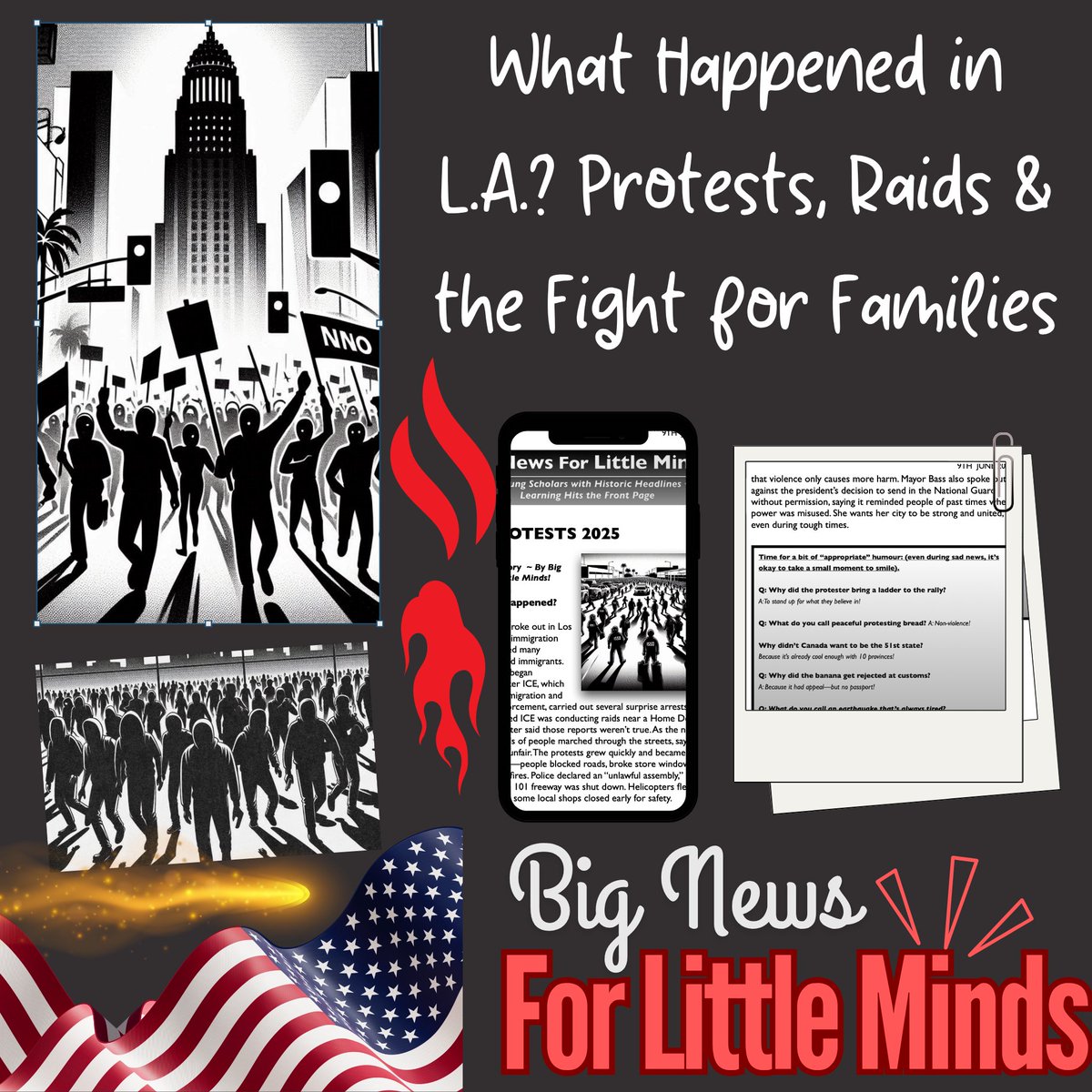 BigNewsLilMinds's tweet image. #LAProtestInfo for Kids: Looking for a way to explain real-world events like the 2025 LA protests to kids—without overwhelming them? This ready-to-use article package simplifies immigration, peaceful protests and civic leadership for students aged 8+.