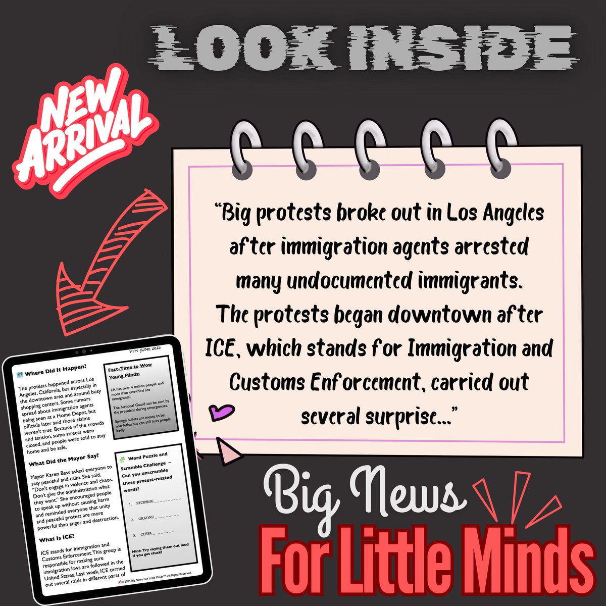 BigNewsLilMinds's tweet image. #LAProtestInfo for Kids: Looking for a way to explain real-world events like the 2025 LA protests to kids—without overwhelming them? This ready-to-use article package simplifies immigration, peaceful protests and civic leadership for students aged 8+.