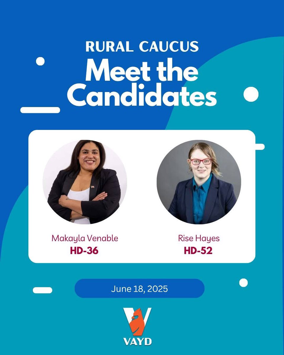 VAYDRural's tweet photo. Our June meeting is approaching! We’ll be joined by two amazing Young Democrats running for the House of Delegates this year! @RiseHayesForDel @Venable4VA https://t.co/3X7u9PZfMw