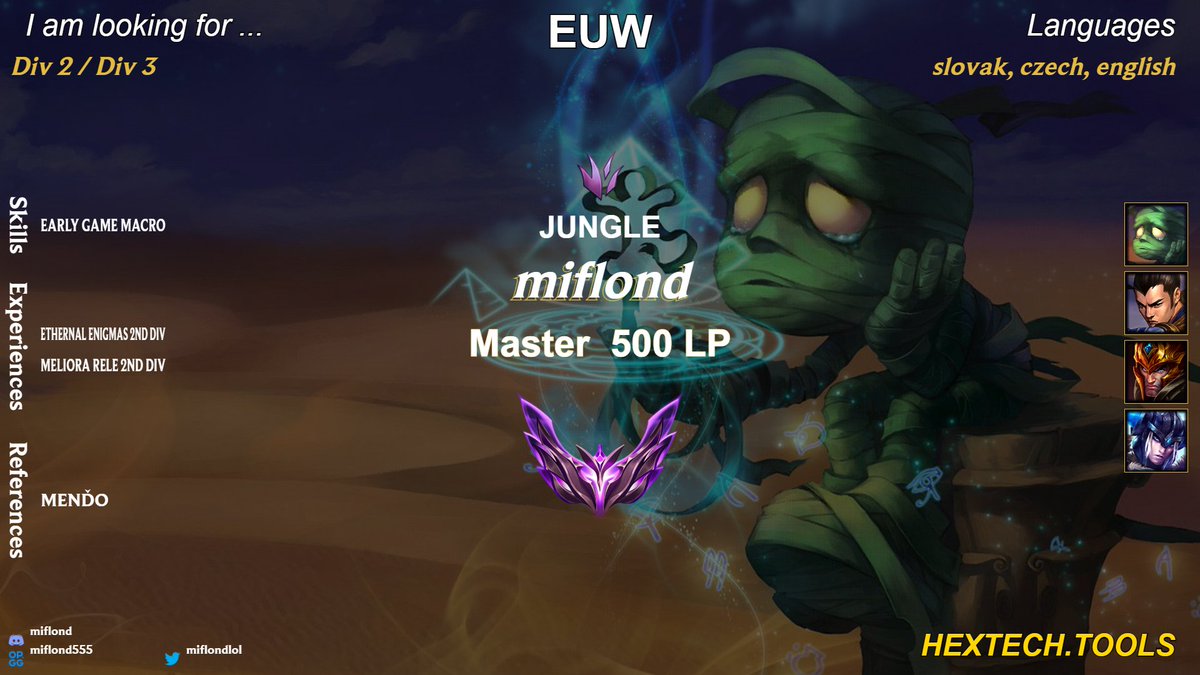 After 4th place with <a href="/EnigmasEsports/">Ethereal Enigmas</a> I am LFT for next split 
18yo
Looking for 2nd / 3rd div
References : <a href="/mendo_lol/">Menďo</a> 
DM discord : miflond
lol.fandom.com/wiki/Miflond