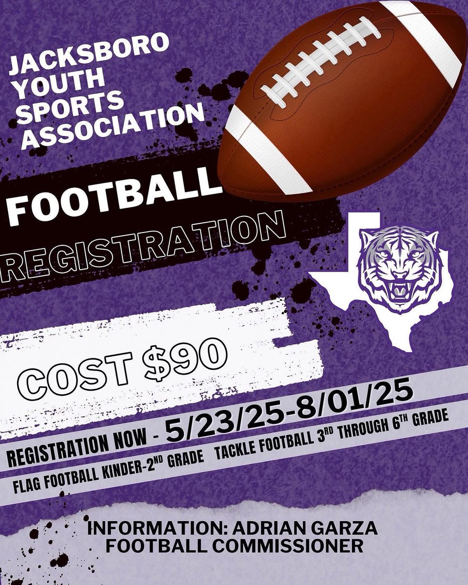 JYSASPORTS's tweet image. 🏈 JYSA Football Registration is OPEN! 🏈
Flag (K–2nd) & Tackle (3rd–6th) — $90
📅 Now–Aug 1
📍 Sign up: bit.ly/JYSAFootball20…
📞 Questions? Call Adrian Garza: 940-229-1271
Let’s go Tigers! 🐅 #JYSA #YouthFootball #TigerPride #FallFootball2025