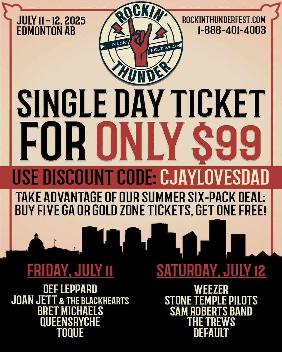 Looking for an awesome Father’s Day gift? Grab a $99 single-day ticket to Rockin’ Thunder!

Rockaholics can use discount code CJAYLOVESDAD until 11:59 PM Wednesday to score the deal before it goes public.

Head to rockinthunderfest.com and grab yours before they’re gone. 🤘
