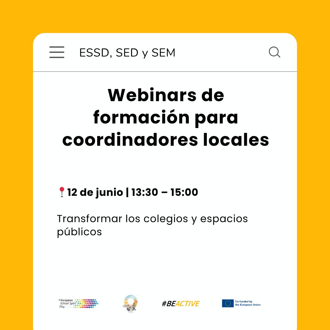 📢 ¡Hoy! No te pierdas el 2º webinar de formación.
🕐 13:30 – 15:00
🎯 Tema: Transformar los colegios y espacios públicos

Gracias a <a href="/espanasemueve/">España se Mueve</a> por ayudarnos a llevar este mensaje a más rincones.
#BeActive #SemanaEuropeaDelDeporte #EuropeanWeekofSport #MobilityWeek #BeActive