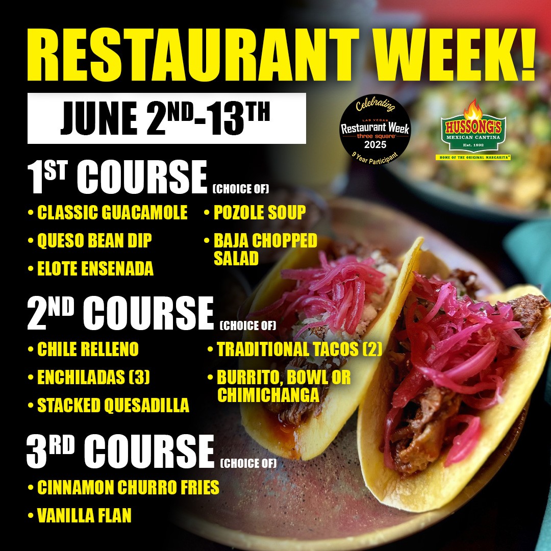 🎉 Viva Las Vegas Restaurant Week! 🎉
Hussong’s Cantina is bringing the flavor fiesta June 2–13! 🌮🍹

Enjoy a 3-course Lunch OR Dinner for just $30 — bold Baja bites, legendary margaritas, and unbeatable vibes!

🔥 Don’t miss out — come hungry, leave happy!
#RestaurantWeekLV