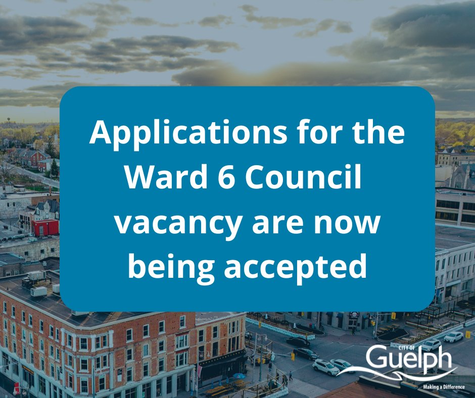 Guelph's Ward 6 vacancy will be filled through an open call for nominations and appointment by Council vote. The call for nominations is now open until July 7 at 4 pm.

For more information on the application process and how to apply visit: guelph.ca/city-hall/mayo…