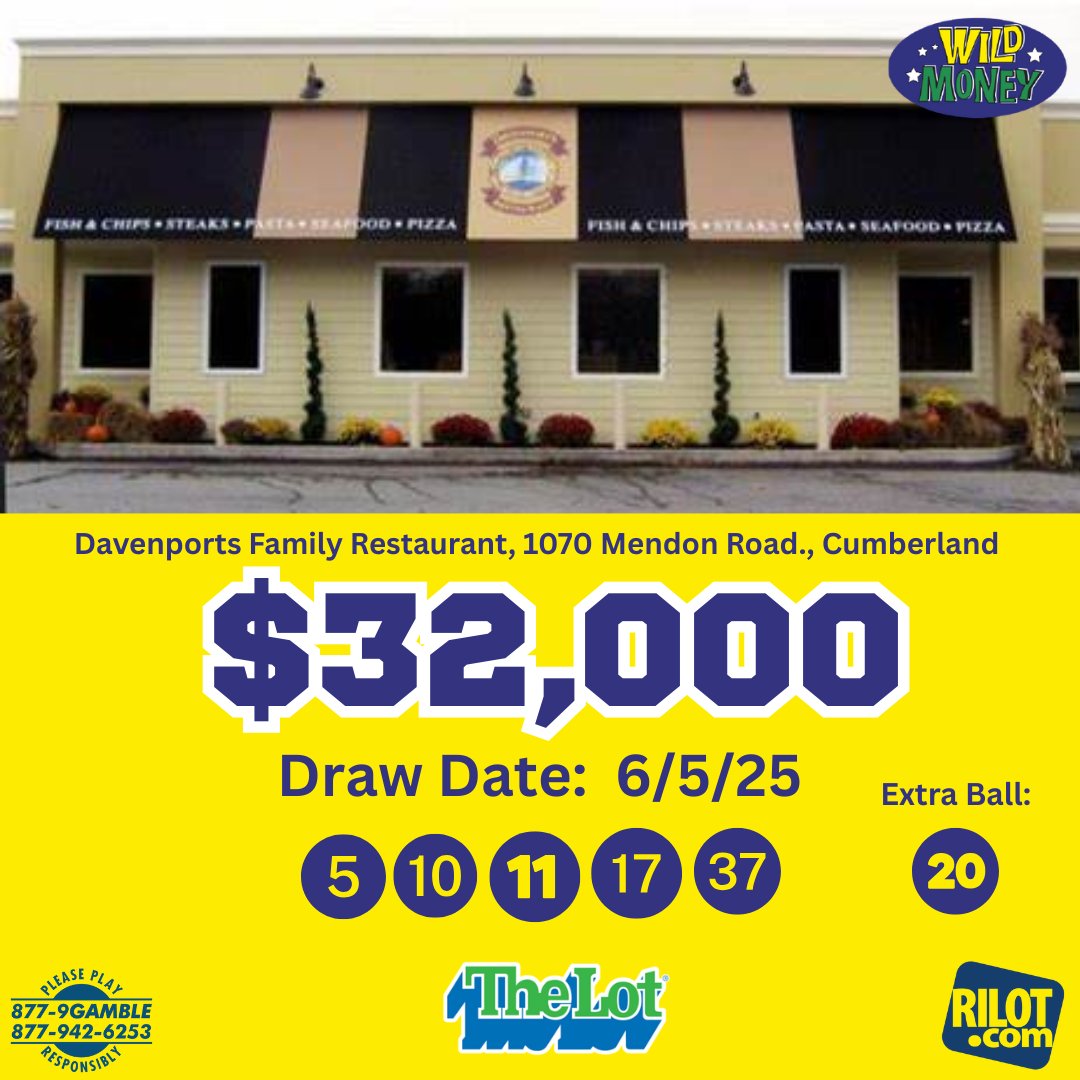 💸 $32,000 is still out there... could it be yours?

Someone bought a winning Wild Money ticket from June 5 drawing at Davenports Family Restaurant, in Cumberland—but hasn’t claimed it yet!

If you played, now’s the time to check those tickets.