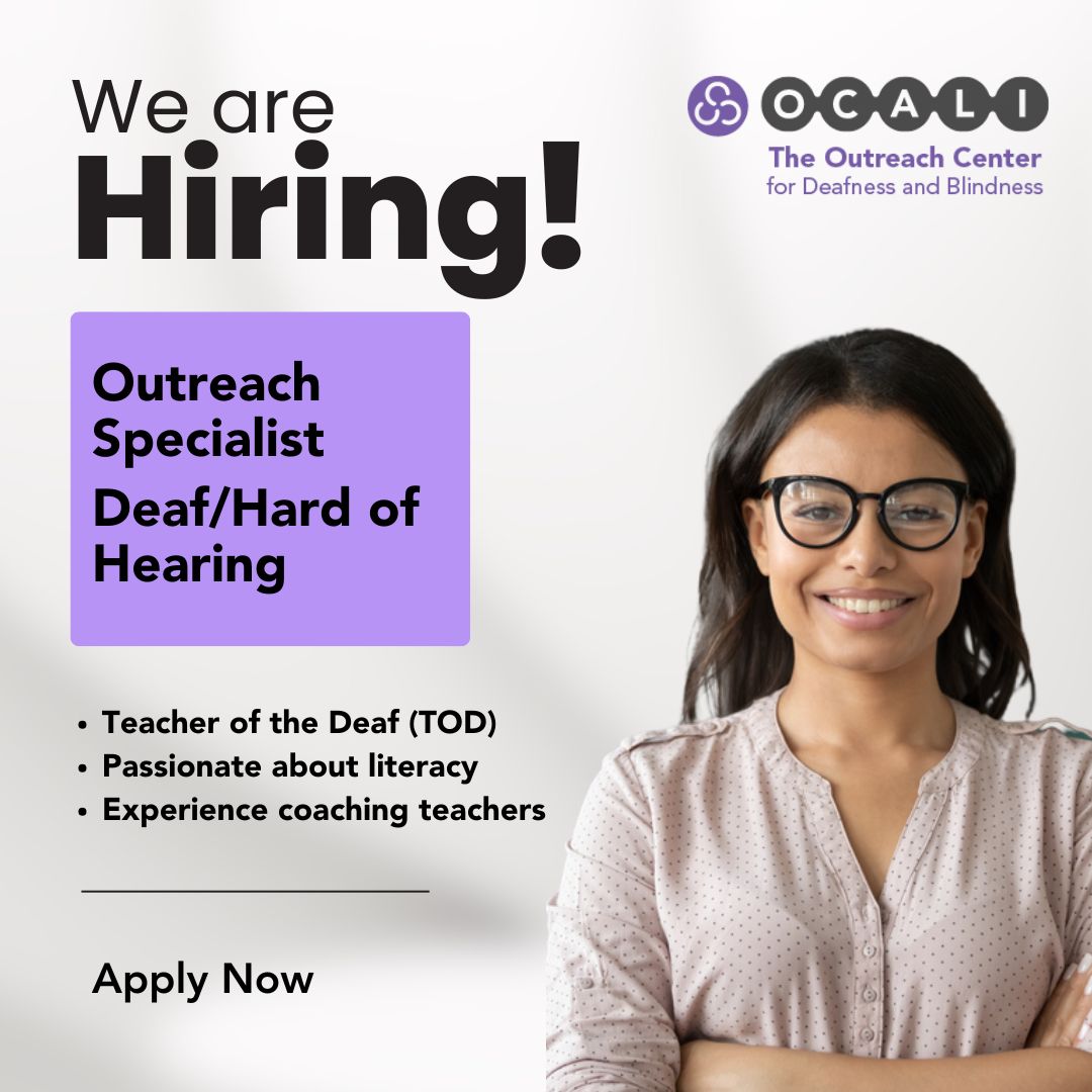 Are you a Teacher of the Deaf (TOD) that loves supporting other educators and families? We need you! The Outreach Center at OCALI is hiring an Outreach Specialist - Deaf/Hard of Hearing. Apply today! ocali.org/ocali_employme… 
#OutreachSpecialistOCALI