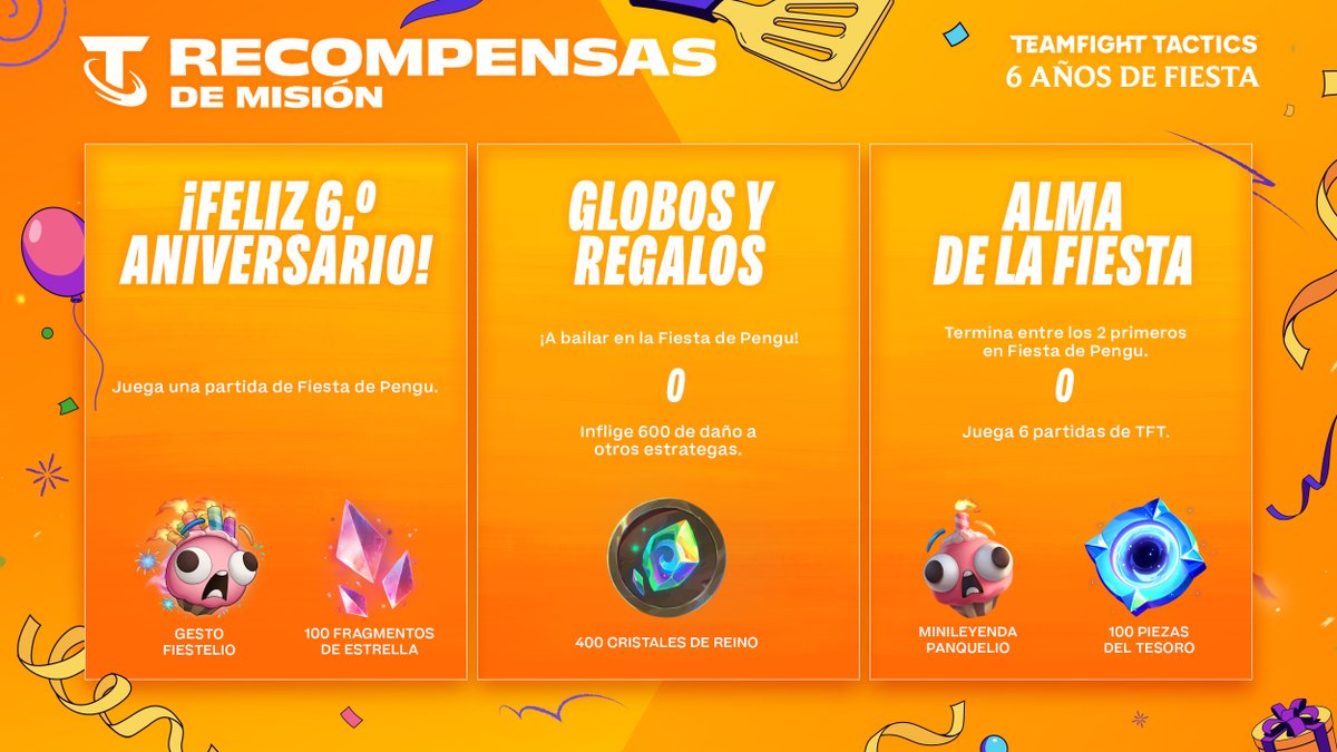 ¿Qué encontrarás en tu bolsita por los 6 Años de Fiesta de TFT? Revisa todas las recompensas de misiones de la Fiesta de Pengu de este año, que comenzará el 11 de junio a las 18:00 🇲🇽 / 19:00 🇨🇴🇵🇪 / 20:00 🇨🇱 / 21:00 🇦🇷. 🥳