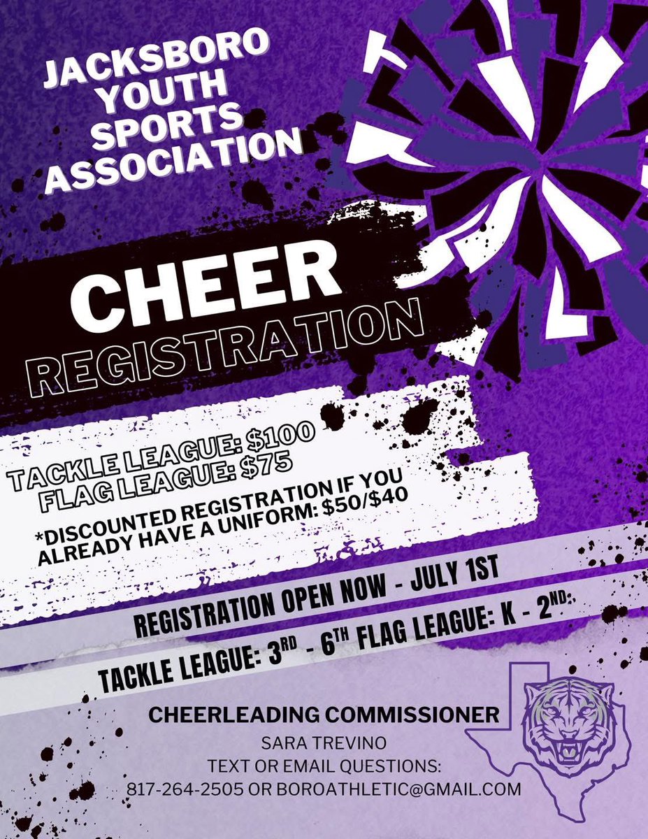JYSASPORTS's tweet image. 📣 JYSA Cheer Registration is OPEN! 📣
Flag (K–2nd) & Tackle (3rd–6th) Cheer 🐅
📅 May 30–July 1
💵 $100/$75
👉 Sign up: form.jotform.com/231866281326055
📞 Sara Trevino: 817-264-2505 | boroathletic@gmail.com
#JYSA #YouthCheer #TigerPride #JacksboroSports #FallFootball2025