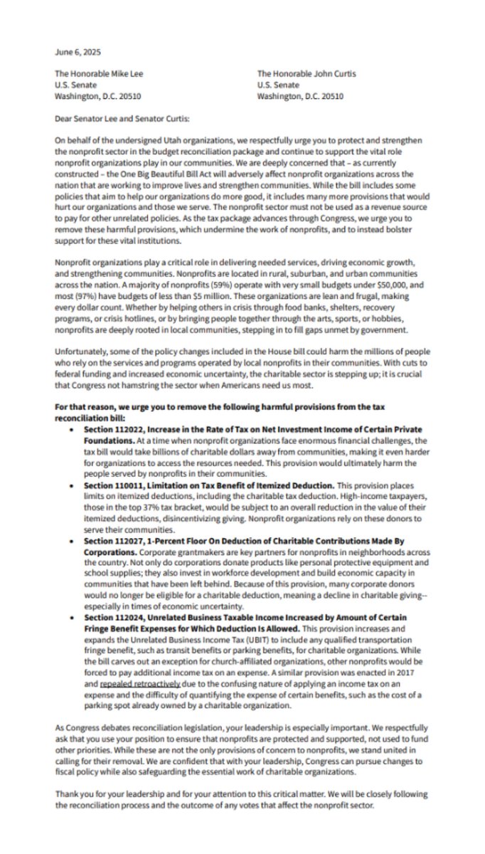 UNA joined nonprofit organizations across Utah in signing a letter to Congress urging lawmakers to protect and strengthen the nonprofit sector in the proposed One Big Beautiful Bill Act. Learn more here: utahnonprofits.org/2025/06/09/let…