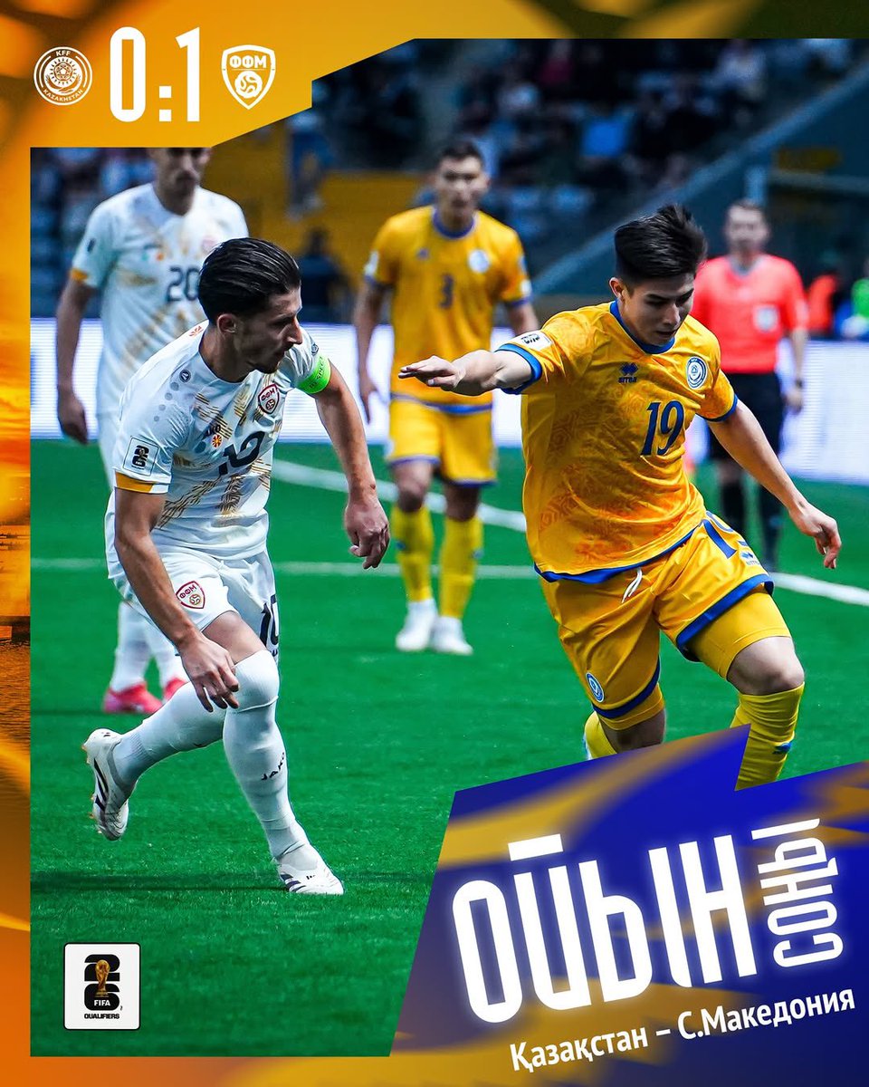 𝐅𝐔𝐋𝐋-𝐓𝐈𝐌𝐄 ⏱️

A tough result tonight,
but the team fought until the final whistle…

🇰🇿 0:1 🇲🇰

#KFFTeam | #BizdinJigitter💛💙 | #WCQ | #KazakhstanNorthMacedonia