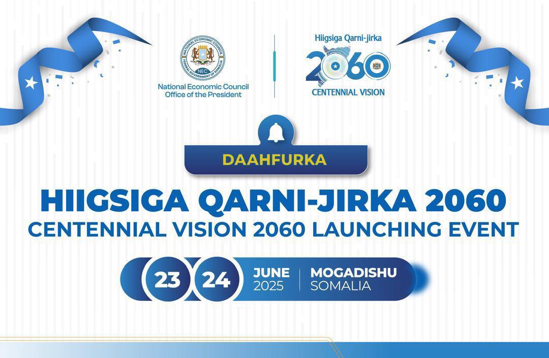 The <a href="/NEC_Somalia/">National Economic Council (NEC)</a> is honored to announce the official launch of #CV2060 on June 23–24 — a visionary blueprint guiding Somalia toward becoming an upper-middle-income country by its centenary in 2060. 🇸🇴

Join us in shaping a Peaceful, Prosperous and Proud Somalia.
#CV2060.