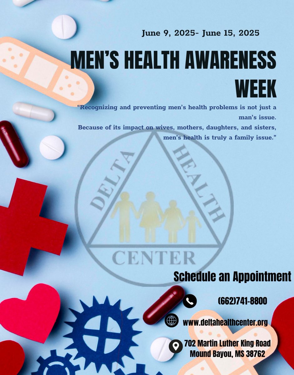 🩺 Men’s Health Awareness Week 
📅 June 9–15, 2025 

Men, your health is important not just for you, but for your families too. 💙 

This June, during Men’s Health Month, Delta Health Center encourages all men to prioritize their well-being.

🌐 deltahealthcenter.org