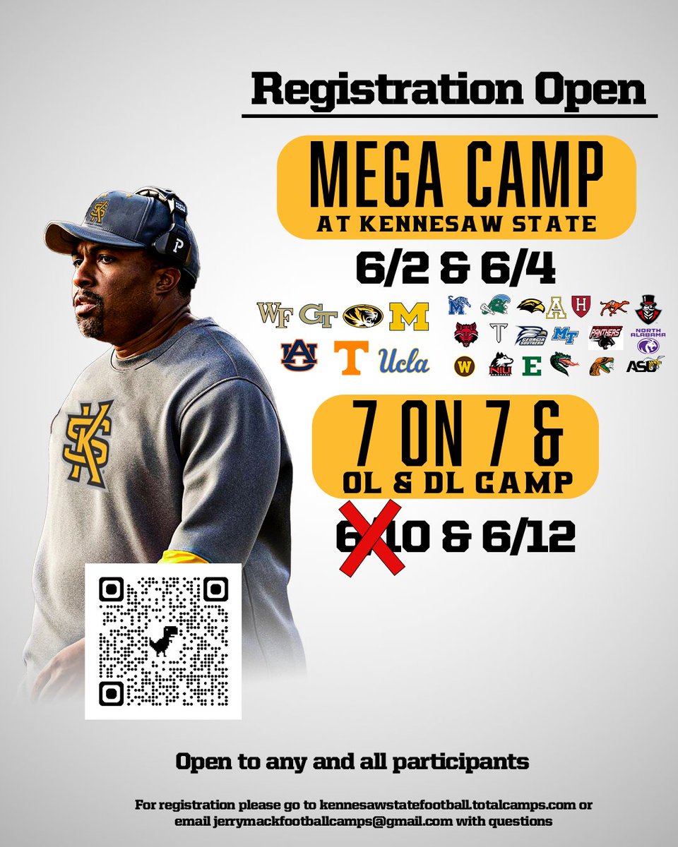 Kennesaw State Football Recruiting (@ksufbrecruiting) on Twitter photo Camp Schedule Update: 7 on 7 Camp + OL/DL Camp on June 10th is Cancelled!
June 12th is still good to go, weather permitting.
Please reach out to jerrymackfootballcamps@gmail.com with any questions!
#HootyHoo Camp Schedule Update: 7 on 7 Camp + OL/DL Camp on June 10th is Cancelled!
June 12th is still good to go, weather permitting.
Please reach out to jerrymackfootballcamps@gmail.com with any questions!
#HootyHoo