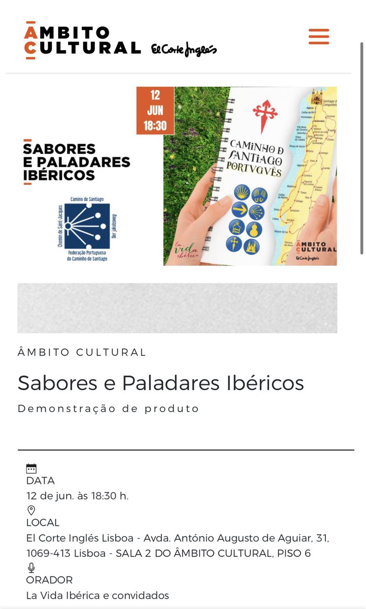 Quinta-Feira, 12 de Junho!
Sabores do Caminho!
<a href="/ambitocultural/">Ámbito Cultural</a> <a href="/ElCorteInglesPT/">El Corte Inglés PT</a>