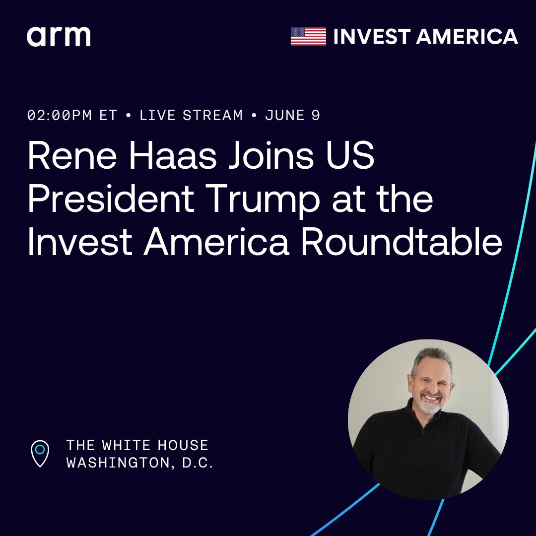 Arm (@arm) on Twitter photo Today at 2pm ET: Rene Haas joins the <a href="/InvestAmerica24/">Invest America</a> CEO Council live from the White House for the InvestAmerica Roundtable.
Rene will discuss how to increase financial security through public-private collaboration, unlocking innovation and opportunity for the next generation: Today at 2pm ET: Rene Haas joins the <a href="/InvestAmerica24/">Invest America</a> CEO Council live from the White House for the InvestAmerica Roundtable.
Rene will discuss how to increase financial security through public-private collaboration, unlocking innovation and opportunity for the next generation: