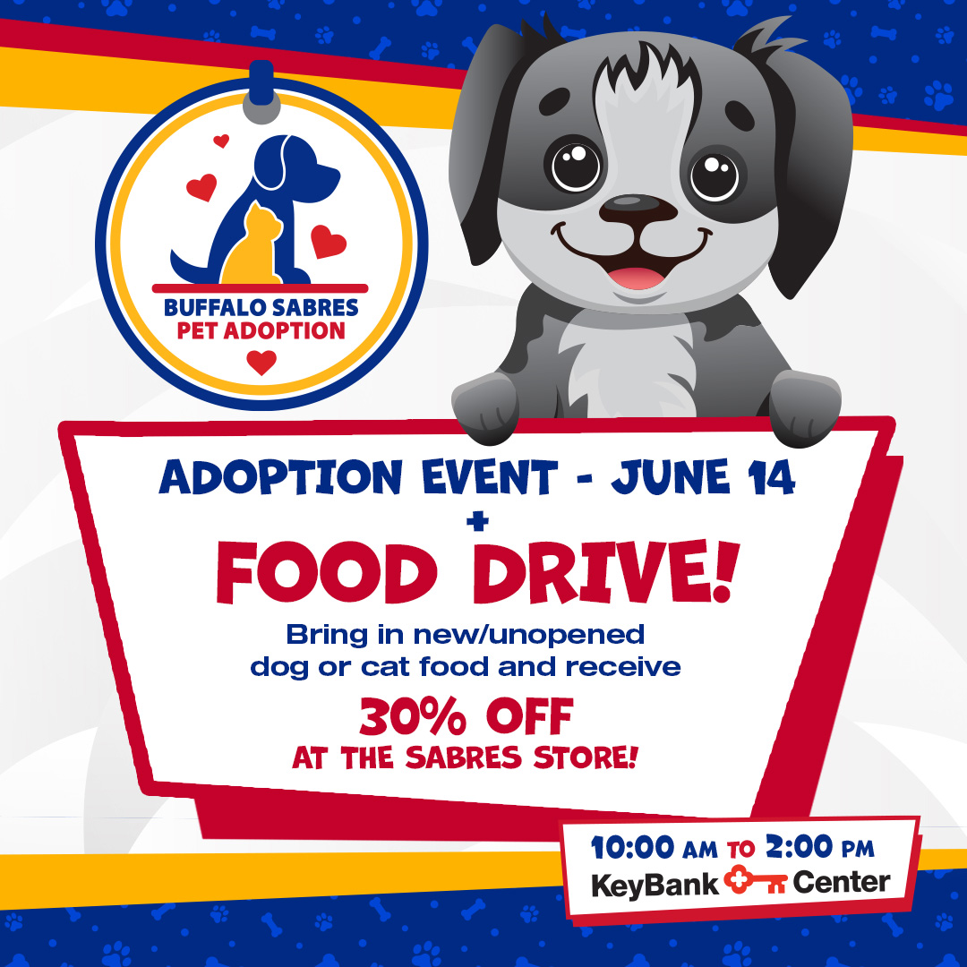 Adopt a pet this Saturday, June 14 at <a href="/KeyBankCtr/">KeyBank Center</a>!

Bring an unopened bag of dog or cat food for pets in need 💙

More info → bufsabres.co/3FpvuNS