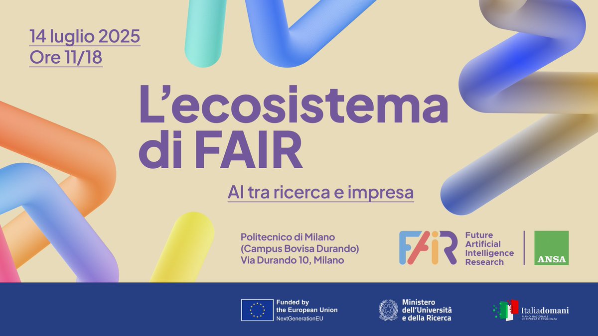 FondazioneFAIR (@fondazione_fair) on Twitter photo Ecosistema #FAIR: l’#AI tra #ricerca e impresa
📅 14.07📍<a href="/polimi/">Politecnico di Milano</a>
🎯 Focus su sinergie dei 2,5 anni di FAIR grazie ai bandi a cascata tra ricerca, università e imprese. In più, l'evento pomeridiano <a href="/Agenzia_Ansa/">Agenzia ANSA</a> con ospiti d'eccezione.
Il programma 👉 fondazione-fair.it/news/ecosistem… Ecosistema #FAIR: l’#AI tra #ricerca e impresa
📅 14.07📍<a href="/polimi/">Politecnico di Milano</a>
🎯 Focus su sinergie dei 2,5 anni di FAIR grazie ai bandi a cascata tra ricerca, università e imprese. In più, l'evento pomeridiano <a href="/Agenzia_Ansa/">Agenzia ANSA</a> con ospiti d'eccezione.
Il programma 👉 fondazione-fair.it/news/ecosistem…