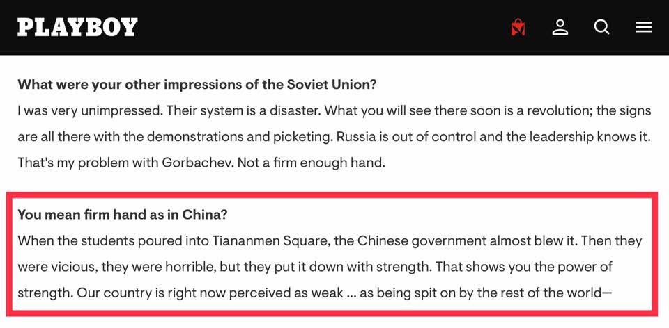 As Trump threatens to send the military into L.A., remember what he said in 1990 when asked about the 1989 Tiananmen Square Massacre:

he COMPLIMENTED the Chinese government, saying they “almost blew it” and that their mass-murder of protesters “shows you the power of strength.”